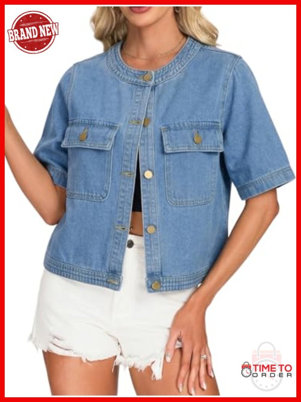 Cropped Denim Jacket Short Sleeve Collarless Button Down Casual Women